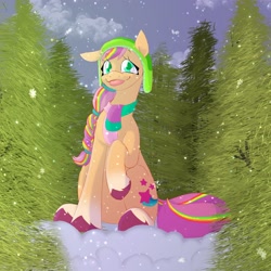 Size: 2500x2500 | Tagged: safe, artist:skeledoodles, sunny starscout, earth pony, pony, g5, clothes, cloud, coat markings, cute, female, forest, hat, high res, mane stripe sunny, mare, raised hoof, scarf, sitting, snow, snowfall, socks (coat markings), solo, sunnybetes, tongue out, toque, tree, unshorn fetlocks, winter hat, winter outfit