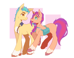 Size: 1005x795 | Tagged: safe, artist:palepastels, hitch trailblazer, sunny starscout, earth pony, pony, g5, bag, duo, duo male and female, female, looking at each other, looking at someone, male, mare, saddle bag, ship:starblazer, shipping, simple background, stallion, straight, transparent background