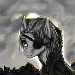 Size: 3000x3000 | Tagged: safe, artist:desperius, oc, oc only, oc:fluster, pony, fallout equestria, fallout equestria: guise of chaos, cloak, clothes, eyepatch, fanfic, fanfic art, female, high res, mare, scar, sky background, solo