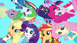 Size: 1920x1080 | Tagged: safe, artist:edy_january, artist:georgegarza01, applejack, fluttershy, pinkie pie, rainbow dash, rarity, sci-twi, spike, sunset shimmer, twilight sparkle, human, series:sparity, equestria girls, equestria girls series, g4, a round, female, geode of empathy, geode of fauna, geode of shielding, geode of sugar bombs, geode of super speed, geode of super strength, geode of telekinesis, human spike, humane five, humane seven, humane six, humanized, link in description, magical geodes, male, straight, vector used, wallpaper
