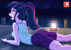 Size: 1200x848 | Tagged: safe, artist:uotapo, sci-twi, twilight sparkle, human, equestria girls, g4, my little pony equestria girls: legend of everfree, ass, breasts, butt, camp everfree outfits, clothes, female, forest, glasses, lake, lantern, legs, looking up, lying down, open mouth, patreon, patreon logo, pier, ponytail, prone, reasonably sized breasts, sci-twibutt, shorts, solo, stargazing, stars, tank top, twibutt, water