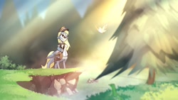 Size: 1920x1080 | Tagged: safe, artist:haku nichiya, derpy hooves, centaur, taur, g4, bag, crepuscular rays, female, forest, hat, mailbag, scenery, smiling, solo