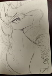 Size: 2353x3425 | Tagged: safe, artist:thelunarmoon, princess celestia, alicorn, pony, g4, bust, female, high res, mare, monochrome, pencil drawing, solo, traditional art