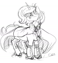 Size: 1817x1973 | Tagged: safe, artist:thelunarmoon, oc, oc only, oc:lunar moon, pony, unicorn, cape, clothes, glasses, grayscale, male, monochrome, offspring, parent:princess celestia, round glasses, simple background, sketch, solo, stallion, white background