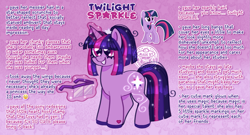 Size: 2097x1134 | Tagged: safe, artist:dipperclassic, twilight sparkle, pony, unicorn, g4, big eyes, cute, cutie mark, glasses, glasses off, glowing, glowing horn, hoof heart, hoof polish, horn, magic, messy mane, ponytail, redesign, scrunchie, solo, sparkles, text, unicorn twilight