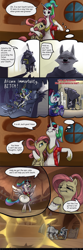 Size: 1963x5885 | Tagged: safe, artist:ciborgen, fluttershy, princess celestia, princess luna, zecora, alicorn, pegasus, pony, wolf, zebra, anthro, digitigrade anthro, comic:fluttershy and her problem with death, g4, alternate hairstyle, backwards ballcap, baseball cap, bipedal, breaking the fourth wall, cap, comic, controller, crossover, death (puss in boots), dialogue, dreamworks, eating, female, flashback, gratuitous spanish, hand, hat, hay, high res, horses doing horse things, magic, magic hands, male, mare, ponytail, propeller hat, puss in boots: the last wish, shrek, speech bubble