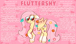 Size: 2000x1172 | Tagged: safe, artist:dipperclassic, fluttershy, pegasus, pony, g4, big eyes, blushing, chest fluff, cute, ear fluff, female, flower, flower in hair, flower in tail, folded wings, green eyes, hoof heart, hoof polish, leaves, leaves in hair, looking down, mare, nervous, pink background, pink mane, raised hoof, redesign, shy, shyabetes, simple background, solo, standing, tail, text, wings