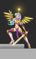 Size: 1024x1700 | Tagged: safe, artist:dinosaurcol, princess celestia, human, g4, armor, boots, bra, clothes, crossover, crown, element of magic, god empress of ponykind, halo, high heels, humanized, jewelry, regalia, shoes, socks, sword, thigh boots, thigh highs, twisword, unconvincing armor, underwear, warhammer (game), warhammer 40k, warrior, warrior celestia, weapon