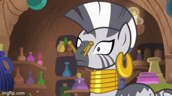Size: 360x202 | Tagged: safe, screencap, zecora, g4, molt down, season 8, animated, bottle, bracelet, clothespin, cotton, cotton balls, ear piercing, earring, female, gif, imgflip, jewelry, leg rings, looking sideways, mare, neck rings, necklace, open mouth, piercing, pinpoint eyes, raised hoof, raised leg, shelves, shocked, solo, zecora's hut