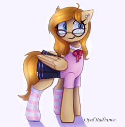 Size: 2800x2840 | Tagged: safe, artist:opal_radiance, oc, oc only, oc:frozen spirit, pegasus, pony, clothes, commission, cute, ear piercing, female, folded wings, glasses, high res, mare, meganekko, ocbetes, open mouth, open smile, pegasus oc, piercing, shadow, shirt, signature, simple background, skirt, smiling, socks, solo, striped socks, t-shirt, white background, wings