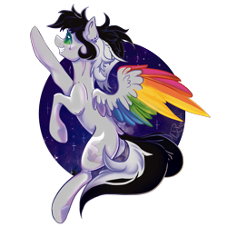 Size: 2000x2000 | Tagged: safe, artist:dankpegasista, derpibooru exclusive, oc, oc only, oc:lunar dash, pegasus, pony, bangs, big smile, butt, chest fluff, circle background, colored wings, cute, digital art, ear fluff, ear piercing, eyelashes, faded cutie mark, female, flowing mane, flying, full body, full color, green eyes, grin, high res, highlights, krita, large wings, lineart, long tail, mare, messy mane, multicolored wings, ocbetes, piercing, plot, png, ponytail, purple background, purple hair, rainbow wings, raised hoof, shading, shiny skin, simple background, simple shading, smiling, solo, sparkles, spread wings, tail, tattoo, teeth, transparent background, upright, wings