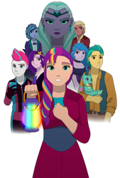 Size: 540x800 | Tagged: safe, alternate version, artist:fantasygerard2000, hitch trailblazer, izzy moonbow, misty brightdawn, opaline arcana, pipp petals, sparky sparkeroni, sprout cloverleaf, sunny starscout, zipp storm, dragon, human, equestria girls, g4, g5, my little pony: make your mark, spoiler:g5, spoiler:my little pony: make your mark, alternate hairstyle, baby, baby dragon, belt, bow, bowtie, braid, carrying, choker, clothes, coat, crown, dress, ear piercing, earring, equestria girls-ified, female, freckles, g5 to equestria girls, g5 to g4, generation leap, gloves, holding, hope lantern, jacket, jewelry, lantern, looking at you, looking offscreen, male, mane five, mane seven (g5), mane stripe sunny, multicolored hair, phone, piercing, regalia, simple background, style emulation, suit, transparent background, vest