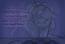 Size: 1011x696 | Tagged: safe, anonymous artist, misty brightdawn, pony, unicorn, series:misty pov, g5, bust, cornrows, crying, dialogue, ears back, female, food, implied dahlia, jewelry, limited palette, looking away, looking down, mare, muffin, necklace, offscreen character, pastry, raised hoof, shaking, solo, steam, teary eyes, tray, unshorn fetlocks, wavy mouth