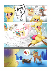 Size: 1024x1454 | Tagged: safe, artist:abyssalrabbit, paprika (tfh), shanty (tfh), velvet (tfh), alpaca, deer, goat, reindeer, them's fightin' herds, 4 panel comic, :3, blushing, censored, cloven hooves, comic, community related, dialogue, female, lesbian, mosaic censor, ship:velverika, shipping, text, thought bubble, tongue out