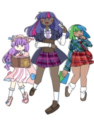 Size: 768x1024 | Tagged: safe, artist:koheirichan, twilight sparkle, human, g4, battle for dream island, book, book (battle for dream island), clothes, crossover, dark skin, dress, female, humanized, patchouli knowledge, simple background, skirt, touhou, trio, twichouli, white background