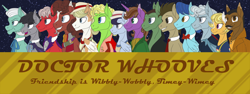 Size: 5600x2100 | Tagged: safe, artist:sixes&sevens, doctor whooves, time turner, bat pony, earth pony, pegasus, pony, unicorn, g4, bowtie, celery, clothes, collar, cravat, doctor who, eighth doctor, eleventh doctor, facial hair, fifteenth doctor, fifth doctor, first doctor, fourth doctor, frock coat, hat, jumper, leather, necktie, ninth doctor, overcoat, panama chat, peacoat, profile, ribbon bow tie, scarf, second doctor, seventh doctor, shirt, sixth doctor, stars, suspenders, t-shirt, tenth doctor, third doctor, thirteenth doctor, tweed, twelfth doctor, velvet