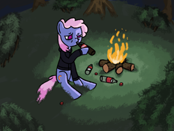Size: 2000x1500 | Tagged: safe, artist:jusussi, rainbowshine, pegasus, pony, g4, background pony, campfire, coca-cola, drinking, solo