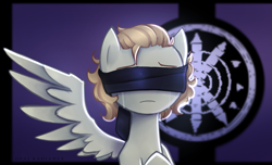 Size: 2800x1706 | Tagged: safe, artist:opal_radiance, oc, oc only, pegasus, pony, equestria at war mod, blindfold, commission, crying, fanfic art, female, flag, looking at you, missing wing, solo, this will end in death, this will end in tears, this will end in tears and/or death