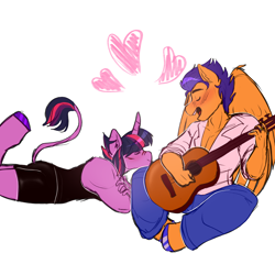 Size: 3300x3300 | Tagged: safe, artist:starsbursts, flash sentry, twilight sparkle, pegasus, unicorn, anthro, unguligrade anthro, g4, acoustic guitar, blushing, clothes, duo, eyes closed, female, guitar, heart, high res, leonine tail, lying down, male, muscles, musical instrument, open mouth, pants, prone, role reversal, scar, ship:flashlight, shipping, shirt, shorts, simple background, singing, sports shorts, straight, tail, tank top, unicorn twilight, unshorn fetlocks, white background