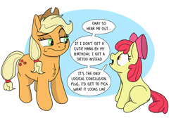 Size: 2621x1764 | Tagged: safe, artist:doodledonutart, apple bloom, applejack, earth pony, pony, g4, apple sisters, applejack is not amused, chest fluff, duo, female, filly, foal, mare, open mouth, siblings, simple background, sisters, sitting, speech bubble, unamused, white background