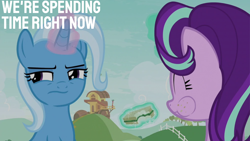 Size: 2000x1125 | Tagged: safe, edit, edited screencap, editor:quoterific, screencap, starlight glimmer, trixie, pony, unicorn, g4, my little pony: friendship is magic, student counsel, eating, food, sandwich