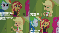 Size: 2000x1125 | Tagged: safe, edit, edited screencap, editor:quoterific, screencap, applejack, pinkie pie, rainbow dash, sunset shimmer, human, equestria girls, equestria girls specials, g4, my little pony equestria girls: better together, my little pony equestria girls: holidays unwrapped, o come all ye squashful