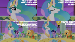 Size: 2000x1125 | Tagged: safe, edit, edited screencap, editor:quoterific, screencap, applejack, princess celestia, spike, twilight sparkle, alicorn, dragon, earth pony, pony, unicorn, g4, the best night ever, clothes, donut, dress, food, gala dress, unicorn twilight