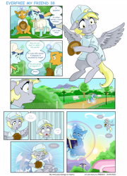 Size: 1920x2660 | Tagged: safe, artist:jeremy3, derpy hooves, trixie, oc, pegasus, pony, unicorn, comic:everfree, comic:everfree my friend, g4, baseball, baseball cap, book, bubble, cap, comic, flying, hat, sports