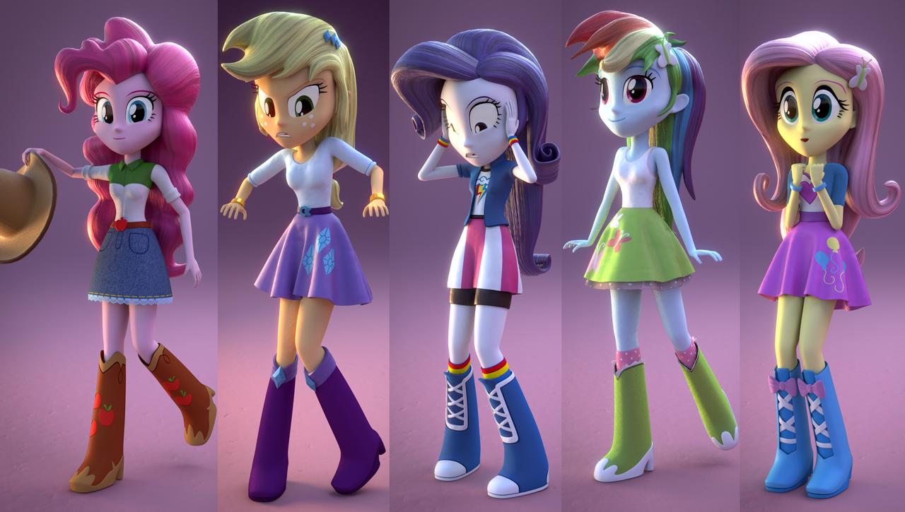 3108574 - safe, artist:3d thread, artist:creatorofpony, applejack,  fluttershy, pinkie pie, rainbow dash, rarity, human, equestria girls, g4,  magical mystery cure, 3d, 3d model, anniversary, belt, boots, boots swap,  clothes, clothes swap, cowboy