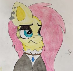 Size: 1555x1516 | Tagged: safe, artist:engi, fluttershy, pegasus, pony, g4, clothes, ear piercing, eyeshadow, female, fluttergoth, jewelry, makeup, necklace, piercing, simple background, solo, traditional art, watercolor painting