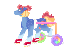 Size: 1280x854 | Tagged: safe, artist:itstechtock, oc, oc:sunrise starshine, earth pony, pony, female, magical lesbian spawn, mare, missing limb, offspring, parent:izzy moonbow, parent:sunny starscout, parents:moonscout, quadrupedal, roller skates, simple background, skates, solo, transparent background, wheelchair