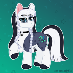 Size: 1800x1800 | Tagged: safe, artist:pink-pone, oc, oc only, oc:clarabelle meadow, earth pony, pony, beauty mark, choker, commission, earth pony oc, female, glasses, looking at you, mare, raised hoof, solo, tail, two toned mane, two toned tail