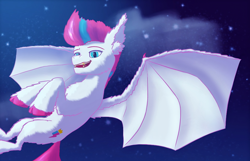 Size: 1836x1184 | Tagged: safe, artist:gosha305, zipp storm, bat pony, pony, g5, bat ponified, bat wings, chest fluff, ear fluff, fangs, female, flying, grin, mare, night, night sky, race swap, sky, sky background, smiling, smug, smugzipp, solo, spread wings, wings, zippbat