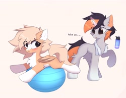 Size: 4096x3186 | Tagged: safe, artist:verlista, oc, oc only, oc:laifa, unnamed oc, bat pony, pony, unicorn, ball, blushing, bottle, duo, female, looking at butt, magic, male, mare, meme, simple background, stallion, text, white background