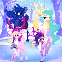 Size: 2500x2500 | Tagged: safe, artist:rurihal, princess cadance, princess celestia, princess flurry heart, princess luna, twilight sparkle, deer, reindeer, g4, alicorn pentarchy, blushing, butt, chest fluff, cloven hooves, coat markings, colored belly, colored ear fluff, colored eyebrows, colored hooves, colored horns, colored nose, colored pinnae, deerified, deerlestia, deerlight sparkle, deerluna, doe, ear fluff, female, forest, high res, ice, looking at each other, looking at someone, looking at something, looking at you, looking back, looking back at you, mother and child, mother and daughter, pale belly, plot, red nose, reindeerified, snow, snowfall, socks (coat markings), species swap, standing, standing over, twilight sparkle (alicorn)