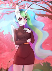 Size: 2216x3000 | Tagged: safe, artist:kutoshi, princess celestia, alicorn, anthro, g4, beautiful, breasts, busty princess celestia, cherry blossoms, clothes, curvy, dress, ethereal hair, female, flower, flower blossom, hand on chest, high res, lips, long nails, looking at you, pantyhose, reasonably sized breasts, sweater dress, thighs, turtleneck, wide hips, windswept mane
