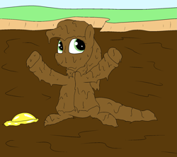 Size: 1575x1400 | Tagged: safe, artist:amateur-draw, applejack, earth pony, pony, g4, clothes, covered in mud, female, hat, mare, mud, mud bath, mud play, mud pony, muddy, pvc, raincoat, solo, wet and messy