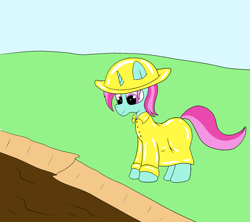 Size: 1575x1400 | Tagged: safe, artist:amateur-draw, oc, oc only, oc:belle boue, pony, unicorn, clothes, covered in mud, hat, mud, mud pony, muddy, pvc, raincoat, wet and messy