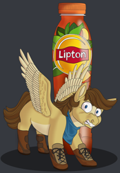Size: 2090x3000 | Tagged: safe, artist:grrawesomeness, oc, oc:buttercup, pegasus, pony, angry, bandana, behaving like a dog, boots, high res, ice tea, lipton, product placement, shoes, solo
