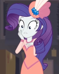 Size: 662x828 | Tagged: safe, screencap, rarity, human, equestria girls, g4, my little pony equestria girls: better together, rarity investigates: the case of the bedazzled boot, rarity investigates: the case of the bedazzled boot: trixie, clothes, cropped, dress, eyebrows, feather, frown, hand on cheek, hand on chest, hat, pillbox hat, solo, surprised, teeth