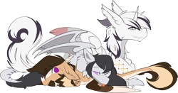 Size: 2490x1308 | Tagged: safe, artist:beardie, oc, oc only, oc:buttercream scotch, oc:ryenn, oc:yiazmat, draconequus, dragon, draconequus oc, dragon oc, feathered wings, horn, horns, male, non-pony oc, pile, simple background, spread wings, tail, transparent background, trio, trio male, wings