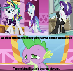 Size: 2160x2100 | Tagged: safe, edit, edited screencap, screencap, rarity, spike, dragon, mermaid, pony, unicorn, friendship is magic, g4, it isn't the mane thing about you, scare master, the gift of the maud pie, alternate hairstyle, audrey hepburn, beautisexy, breakfast at tiffany's, clothes, costume, dress, female, high res, holly golightly, implied lovemaking, implied sex, jewelry, leather, leather vest, male, mare, mermarity, necklace, nightmare night costume, outfit, pearl necklace, punk, raripunk, rarity's mermaid dress, ship:sparity, shipping, socks, straight, thigh highs, tiara, vest
