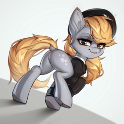 Size: 1920x1920 | Tagged: safe, artist:minekoo2, derpy hooves, earth pony, pony, g4, bubble butt, butt, clothes, costume, dock, earth pony derpy, featureless crotch, female, hat, looking at you, looking back, looking back at you, military uniform, peaked cap, plot, rear view, solo, stupid sexy derpy, tail, tongue out, uniform, wingless