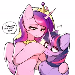 Size: 2048x2048 | Tagged: safe, artist:minekoo2, princess cadance, twilight sparkle, alicorn, pony, g4, awww, boop, cute, cutedance, duo, duo female, female, high res, hoof on shoulder, hug, lidded eyes, looking down, simple background, sisters-in-law, speech bubble, twiabetes, white background