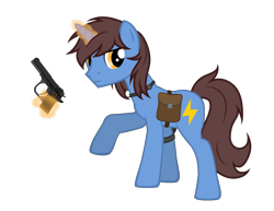 Size: 2869x2215 | Tagged: safe, artist:equestria secret guard, oc, oc only, oc:frozen flash, oc:冰闪, pony, unicorn, bag, flashlight (object), gun, high res, hoofgun, horn, magic, male, saddle bag, silent congruence town, silent congruence town 2, simple background, telekinesis, transparent background, unicorn oc, weapon