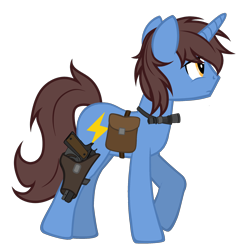 Size: 2032x2020 | Tagged: safe, artist:equestria secret guard, oc, oc only, oc:frozen flash, oc:冰闪, pony, unicorn, bag, flashlight (object), gun, high res, hoofgun, horn, male, saddle bag, silent congruence town, silent congruence town 2, simple background, transparent background, unicorn oc, weapon