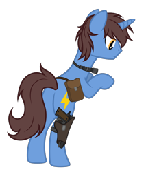 Size: 2980x3500 | Tagged: safe, artist:equestria secret guard, oc, oc only, oc:frozen flash, oc:冰闪, pony, unicorn, bag, bipedal, bipedal leaning, butt, flashlight (object), gun, high res, hoofgun, horn, leaning, male, plot, rear view, saddle bag, silent congruence town, silent congruence town 2, simple background, standing on two hooves, transparent background, unicorn oc, weapon