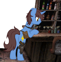 Size: 3743x3770 | Tagged: safe, artist:equestria secret guard, oc, oc only, oc:frozen flash, oc:冰闪, pony, unicorn, alcohol, bag, bipedal, bipedal leaning, butt, counter, flashlight (object), gun, high res, hoofgun, horn, leaning, male, plot, rear view, saddle bag, silent congruence town, silent congruence town 2, simple background, standing on two hooves, transparent background, unicorn oc, weapon, wine