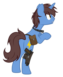 Size: 2861x3507 | Tagged: safe, artist:equestria secret guard, oc, oc only, oc:frozen flash, oc:冰闪, pony, unicorn, bag, bipedal, bipedal leaning, butt, flashlight (object), gun, high res, hoofgun, horn, leaning, male, plot, rear view, saddle bag, silent congruence town, silent congruence town 2, simple background, standing on two hooves, transparent background, unicorn oc, weapon