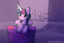 Size: 3072x2048 | Tagged: safe, artist:darbedarmoc, twilight sparkle, alicorn, pony, g4, blushing, book, city, cute, engrish, grammar error, high res, looking at you, solo, sunrise, table, talking, talking to viewer, twilight sparkle (alicorn), two toned mane